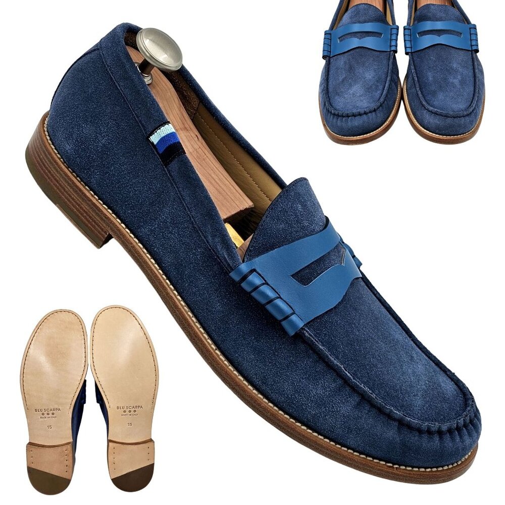 NEW Blue Scarpa Italy Men's 15 Blue Dress Shoes Penny Loafer Italian Handmade 48